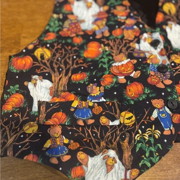 Vintage Halloween Bear Vest | XL | Made in USA | Pumpkins Ghosts Trick-or-Treat - Picture 2 of 9